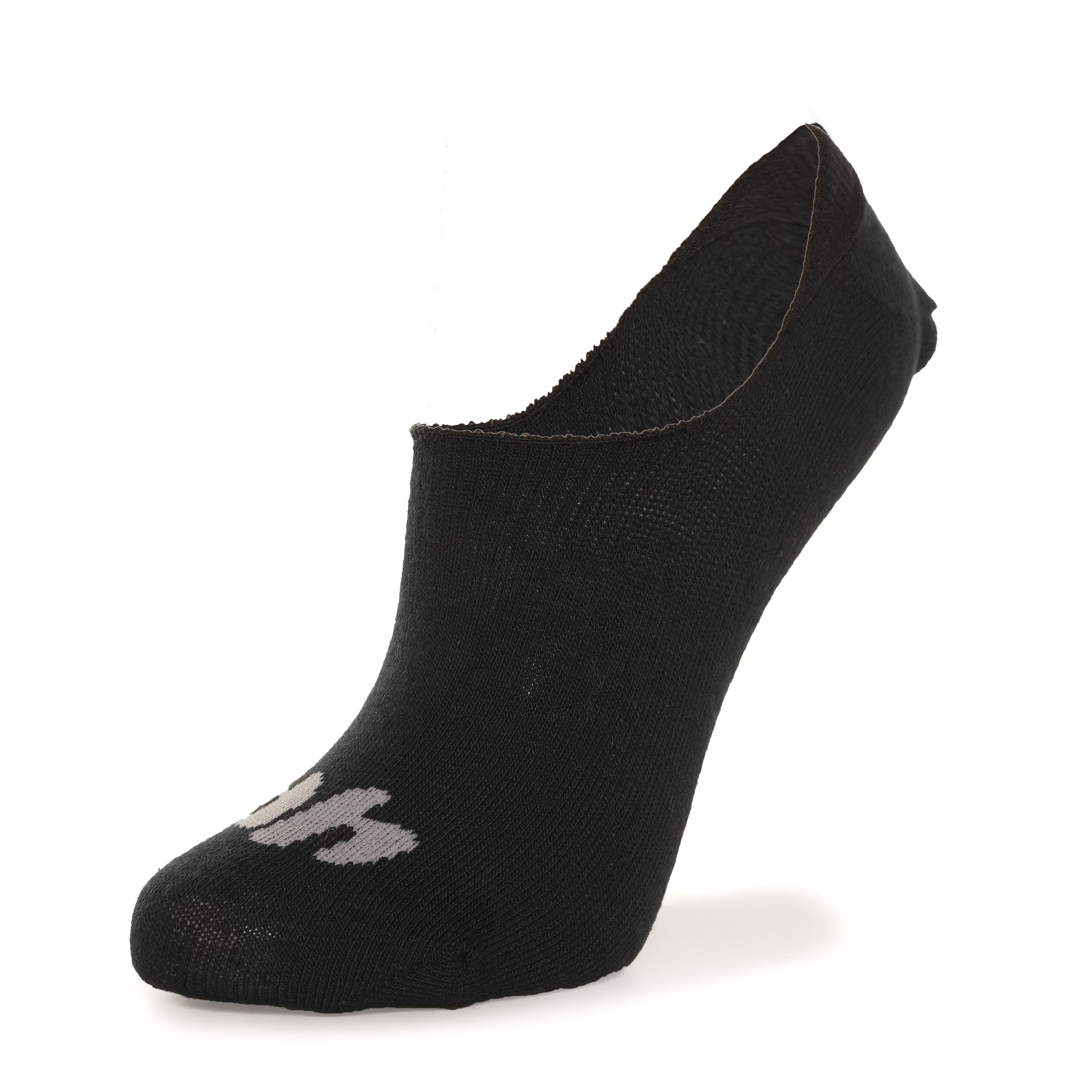 Meia sapatilha preta Done Head vista em ângulo frontal lateral com logo dh cinza claro